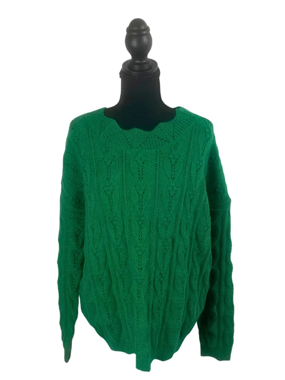Classic Green Cable-Knit Scoop Neck Sweater XL Fall Boho Cottagecore